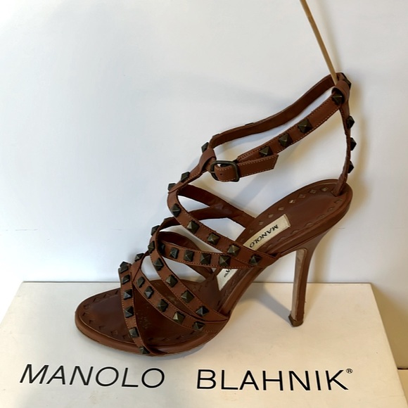 Manolo Blahnik Ibiza Bulgaro Luggage Brown Leather Studded Strappy Heels Sz 36 6 - Picture 1 of 8